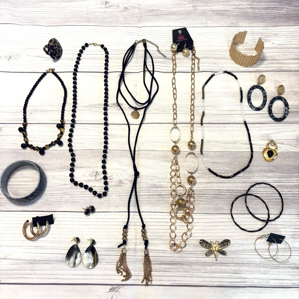 Black and Gold Tone Jewelry Lot of 17 Necklaces Earrings Bracelets Brooch Ring